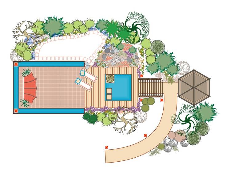 Area for recreation with a pond and alpine slide. Interesting seating area near the house. Rock garden with a pond.