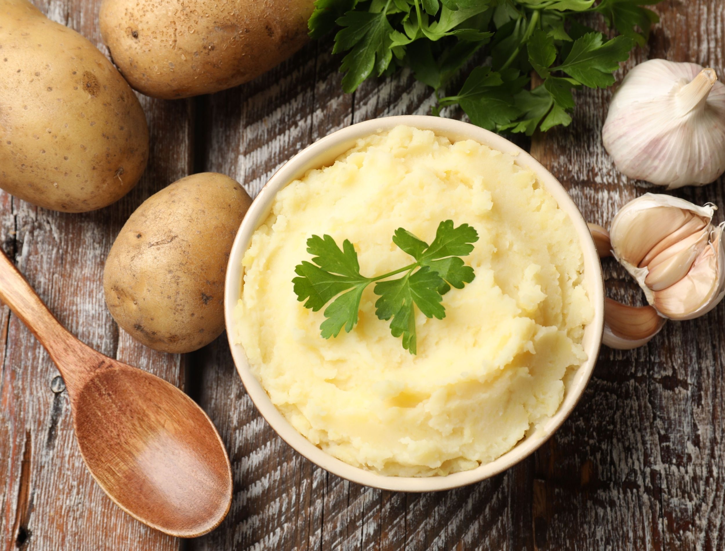 Garlic mashed potatoes garnished with parsley