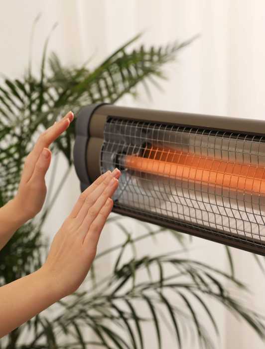Hands and plants near an indoor heater 