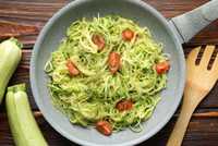 Zucchini noodles with tomatoes in a skillet 