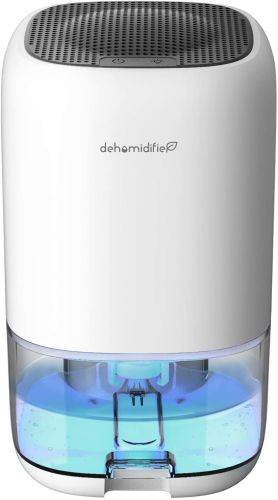 Small portable dehumidifier with water collection tank.